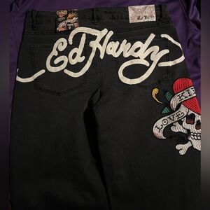 NWT ED HARDY Women's Love Kills Slowly Black Denim Jeans 30 Wide Leg Embroidered